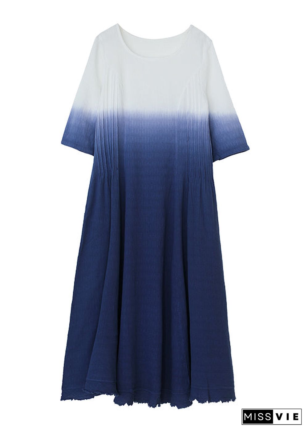 Gradient Color Blue O-Neck Wrinkled Ramie Long Dress Short Sleeve