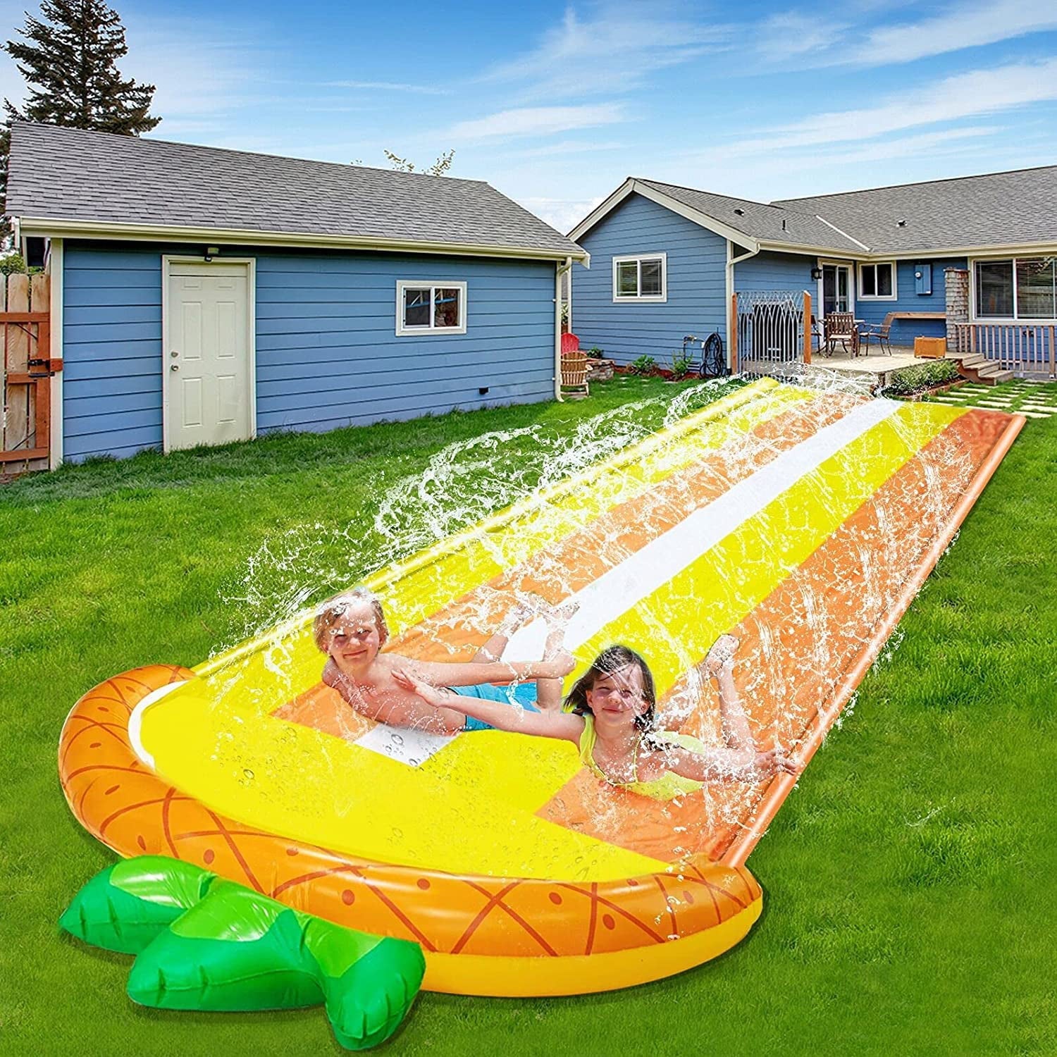 16.1ft x 76In Lawn Water Slides Slip for Kids, Double Race Pineapple Slip Slide Play Center Splash Sprinkler Inflatable Crash Pad for Children Summer Backyard Swimming Pool Games Outdoor Water Toys