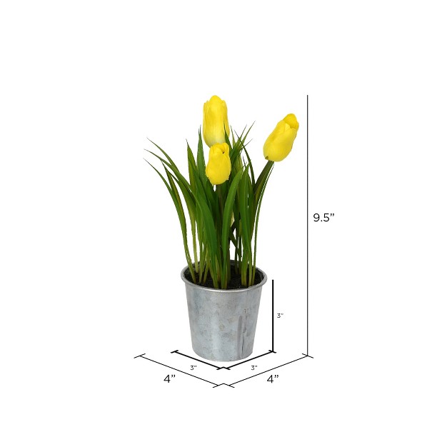 Artificial Assorted Set Of Tulips In Metal Pot.