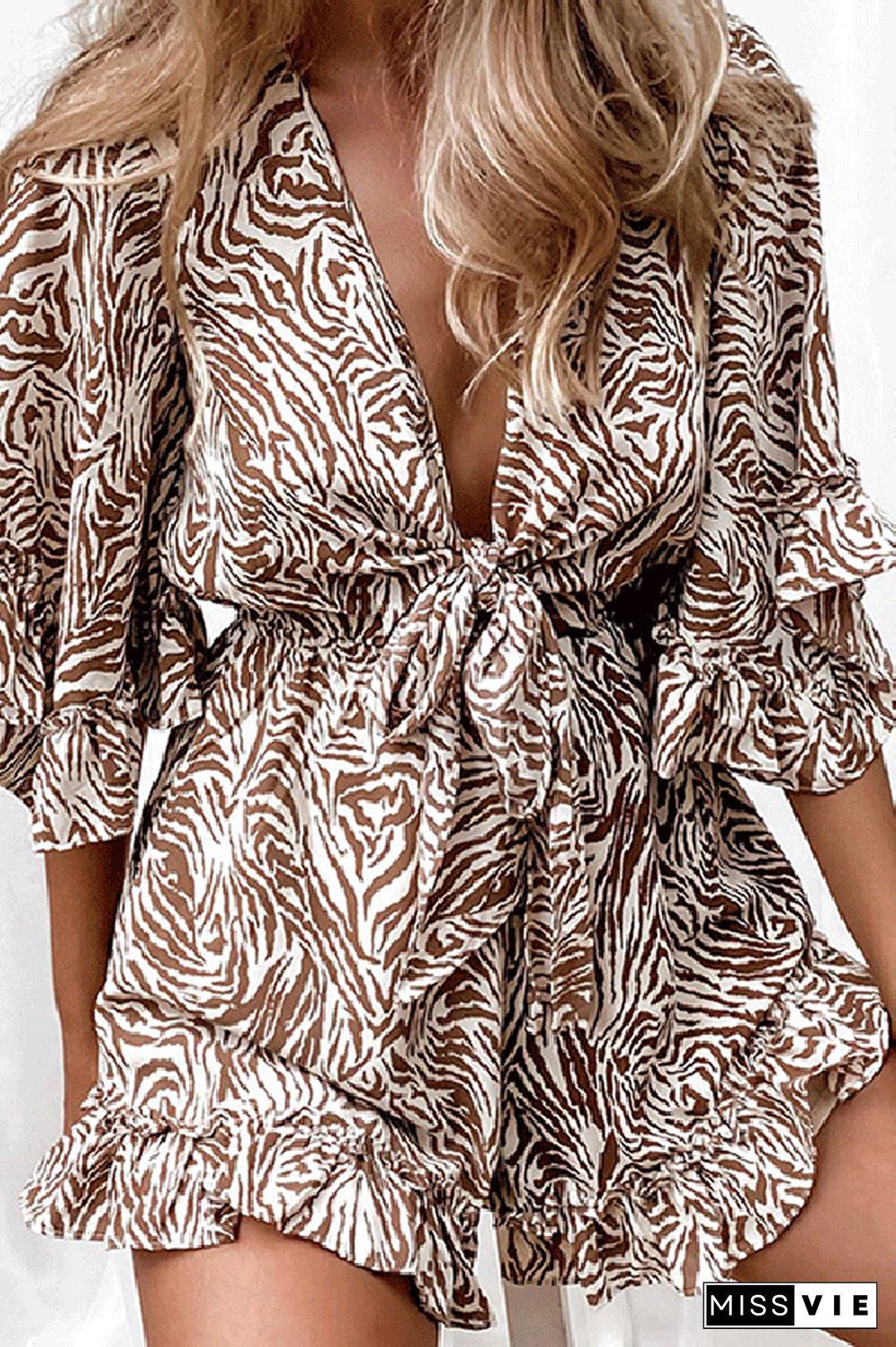 Zebra Print Bell Sleeves Tie Front Romper