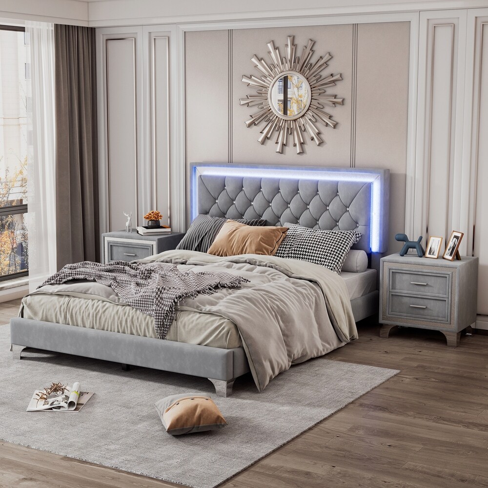 3 Pieces Queen Size Bedroom Sets with LED Lights Upholstered Platform Bed and Two Nightstands  Grey