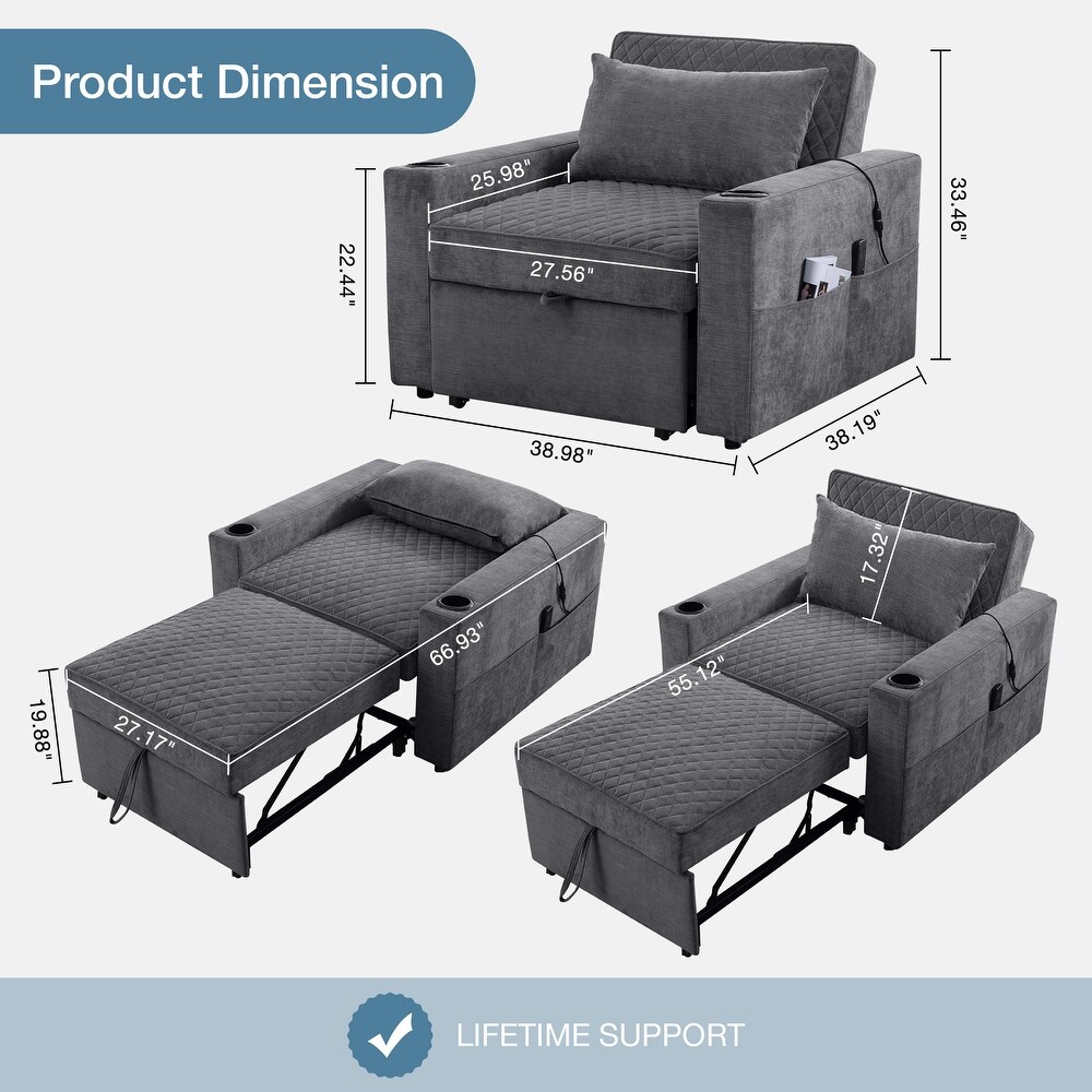 Convertible Single Sofa Chair Bed with Vibration Massage and Heat Pillow