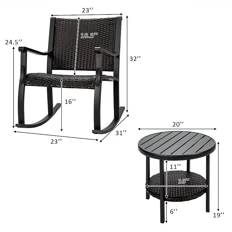 3 Pieces Patio Rattan Furniture Set with Coffee Table and Rocking Chairs