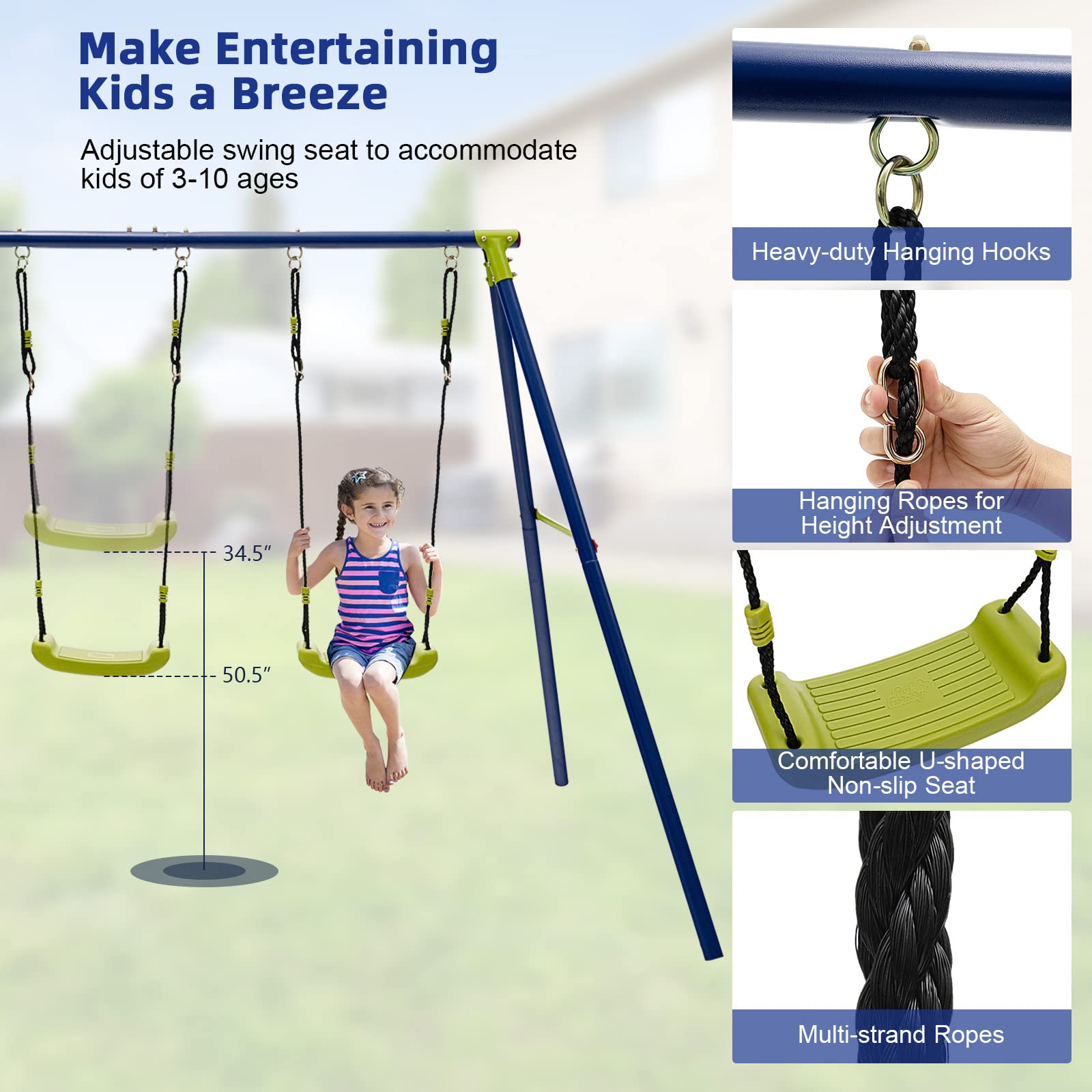 Costzon 440 lbs Swing Set for Backyard, 2-in-1 Heavy Duty Extra Large Metal Swing Frame