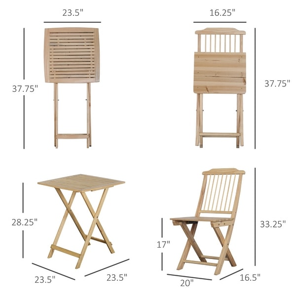 3 Pieces Patio Folding Bistro Set，Outdoor Pine Wood Table and Chairs Set with Tieon Cushion and Square Coffee Table