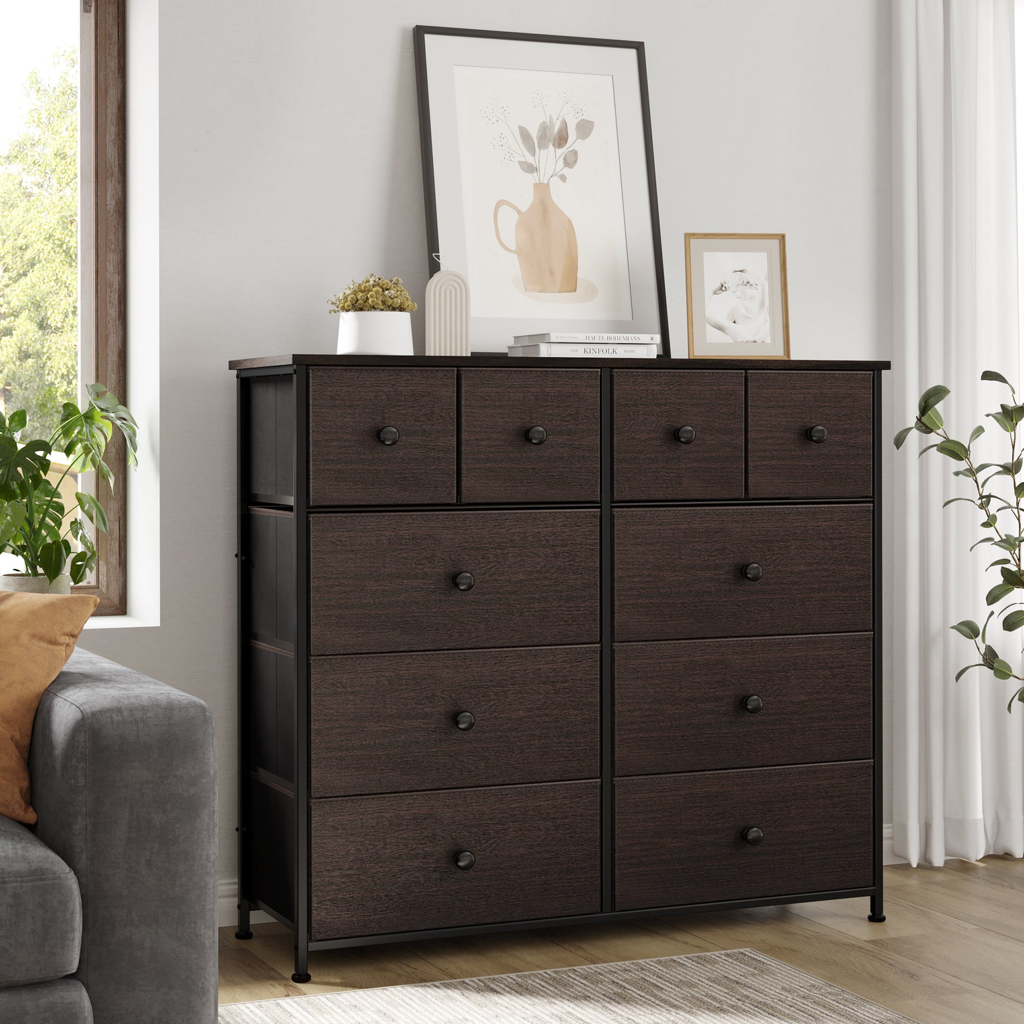 REAHOME Dressers for Bedroom with 10 Drawer Fabric Chest of Drawers Storage Drawer Unit Tower Luxury Leather Finish Rustic Brown