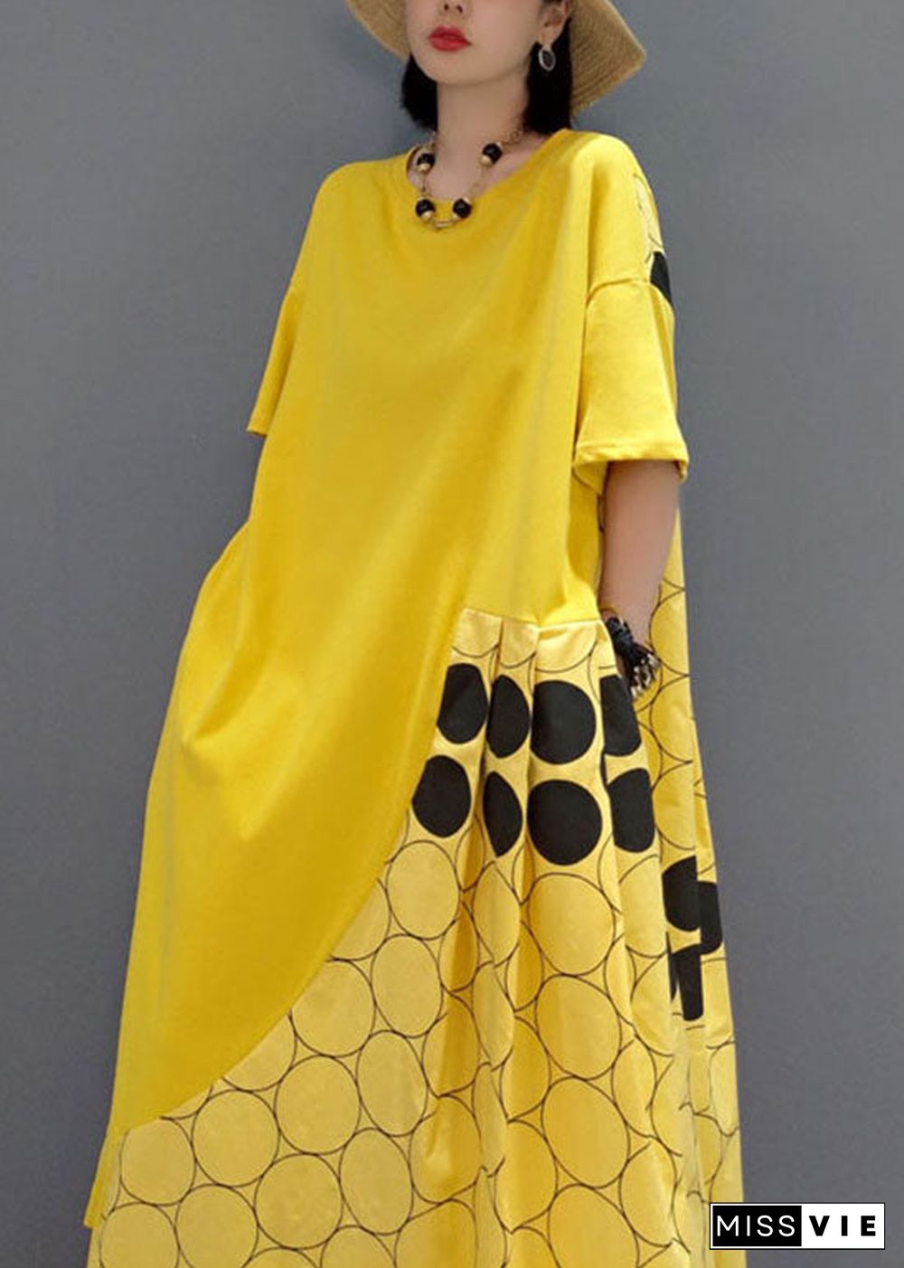 Italian Yellow O-Neck wrinkled Patchwork Maxi Dresses Spring