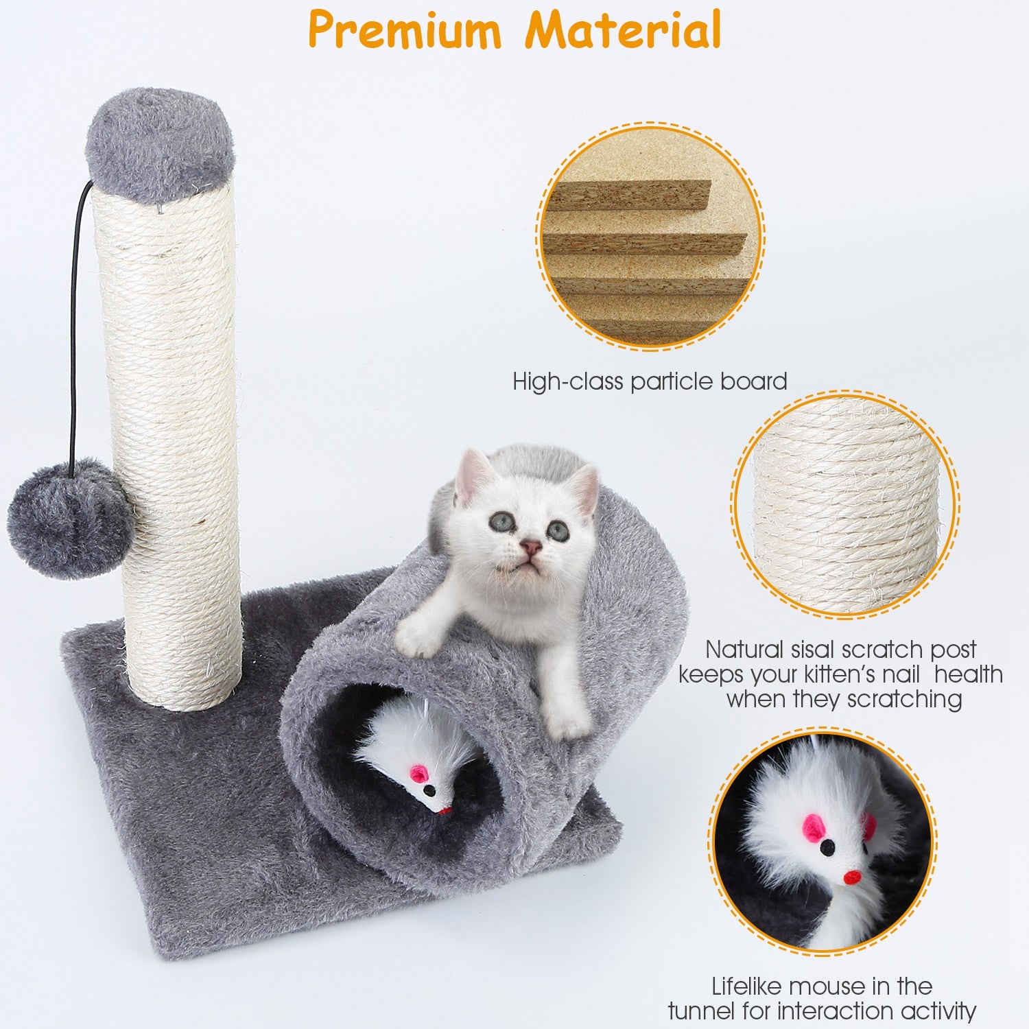 iMountek Cat Scratching Post Cat Kitten Sisal Scratch Post Toy with Tunnel and Lifelike Mouse Toy Pet Activity Play Fun