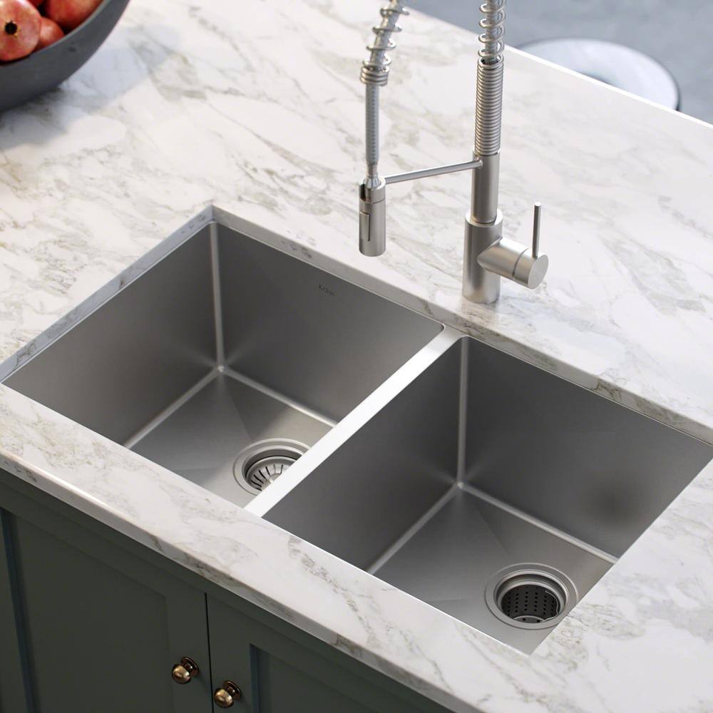 KRAUS Standart PRO 33in. 16 Gauge Undermount 5050 Double Bowl Stainless Steel Kitchen Sink KHU102-33