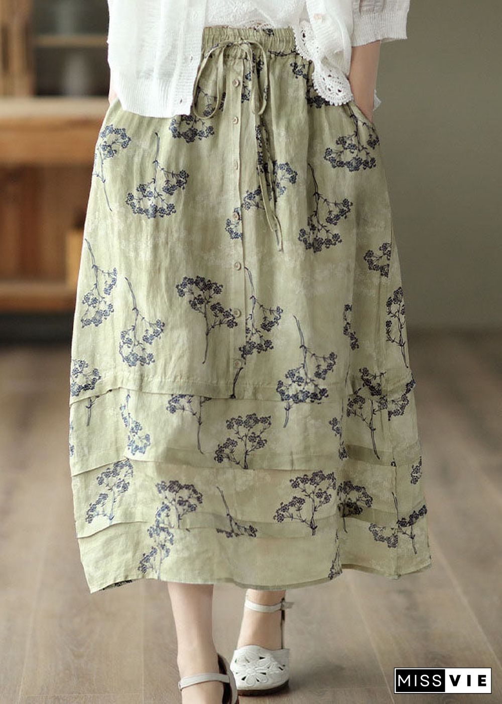 Plus Size Light Green High Waist Patchwork Print Linen Skirt Summer