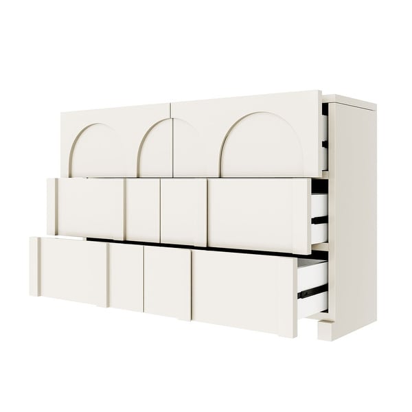 White French Style 6 Drawer Double Dresser， Rubber Wood Accent Storage Cabinet with Arch Door， Closet Chest of Drawers - - 37838436