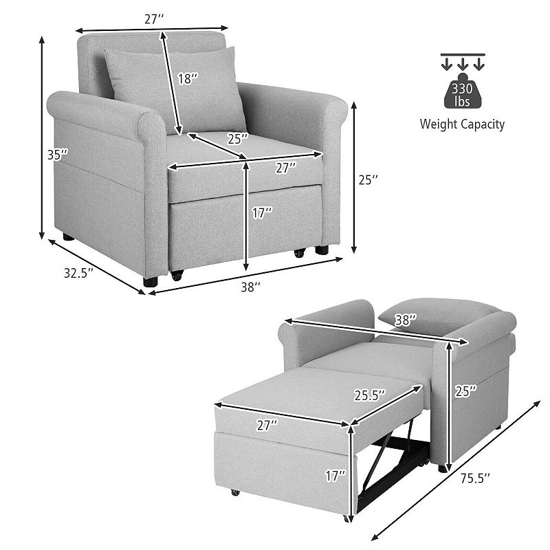 3-in-1 Pull-out Convertible Adjustable Reclining Sofa Bed-Gray