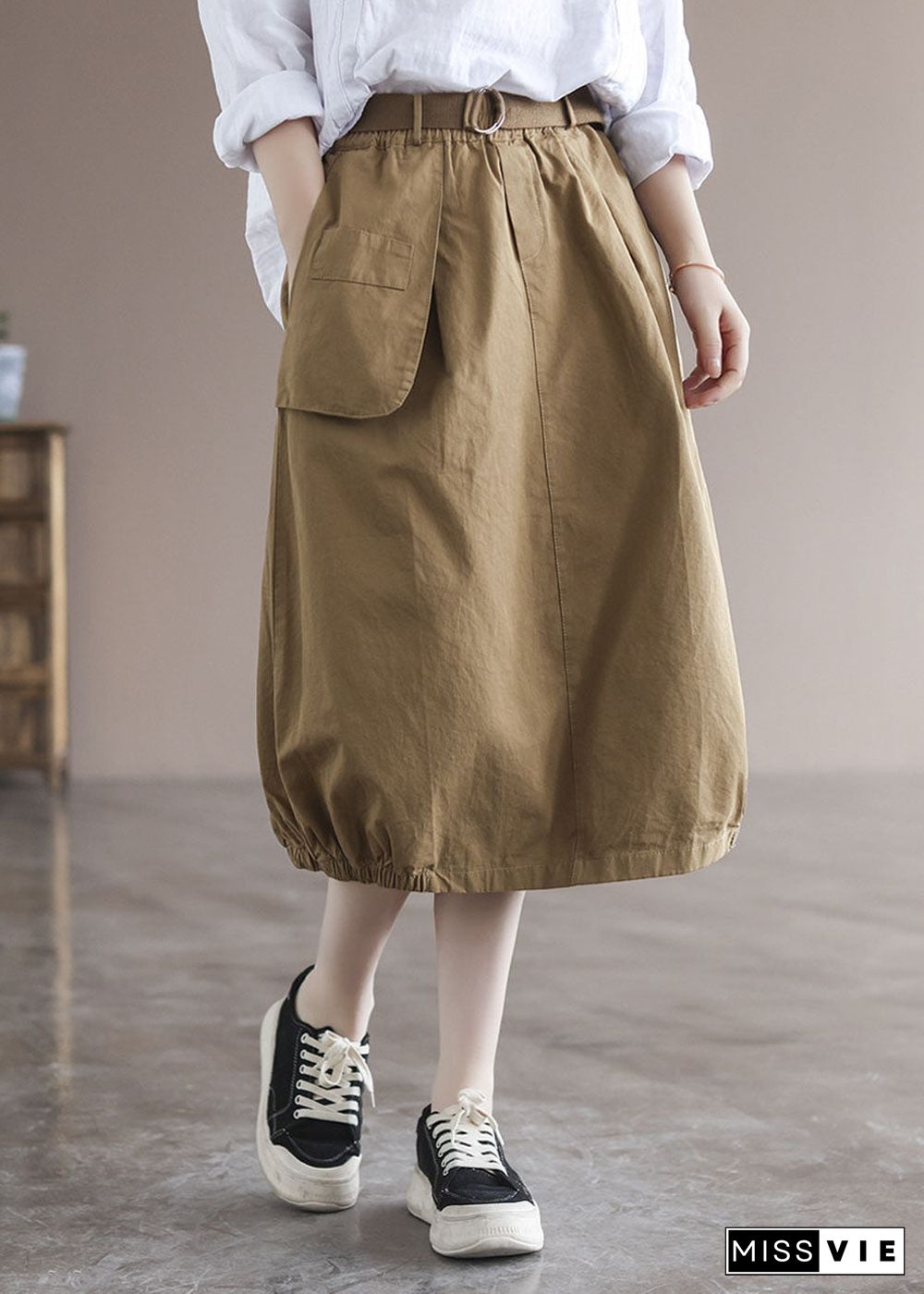 Beautiful Khaki Elastic Waist Asymmetrical Pockets Cotton Skirts Summer