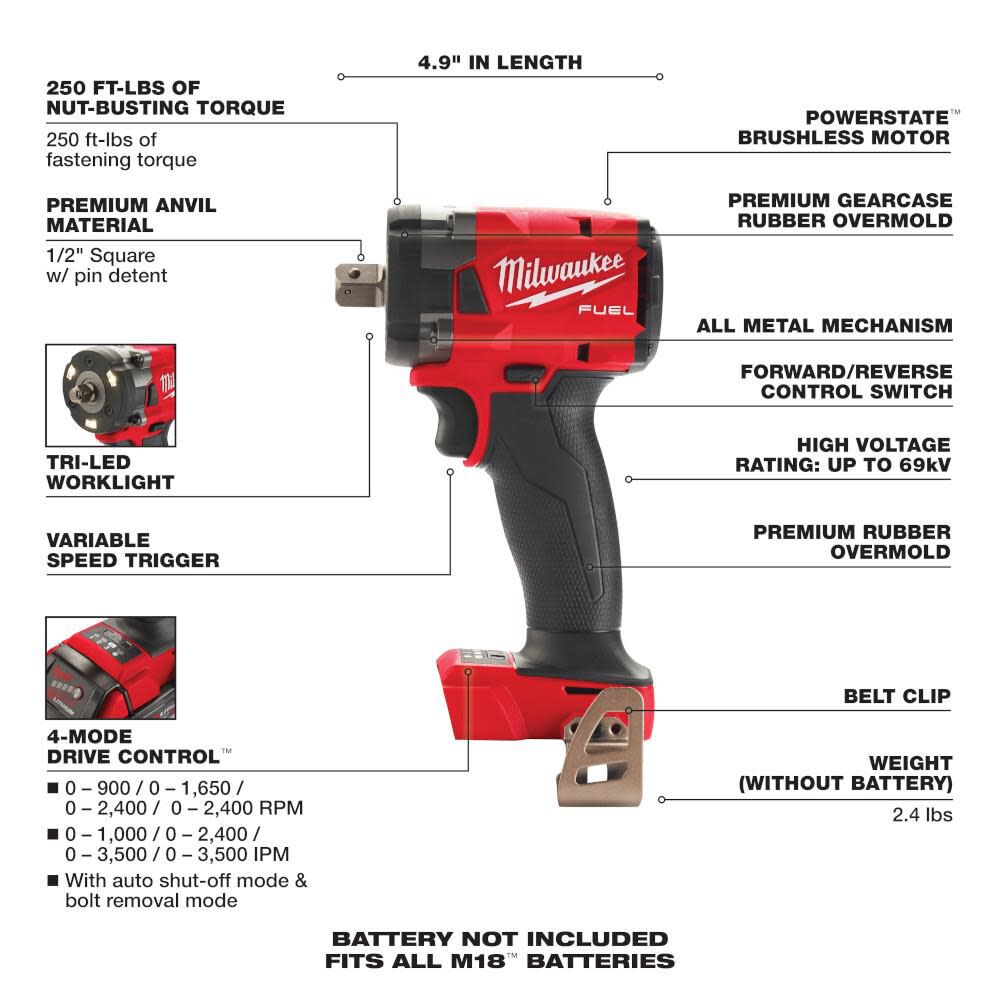 Milwaukee M18 FUEL 1/2 Compact Impact Wrench with Pin Detent 2855P-20 from Milwaukee