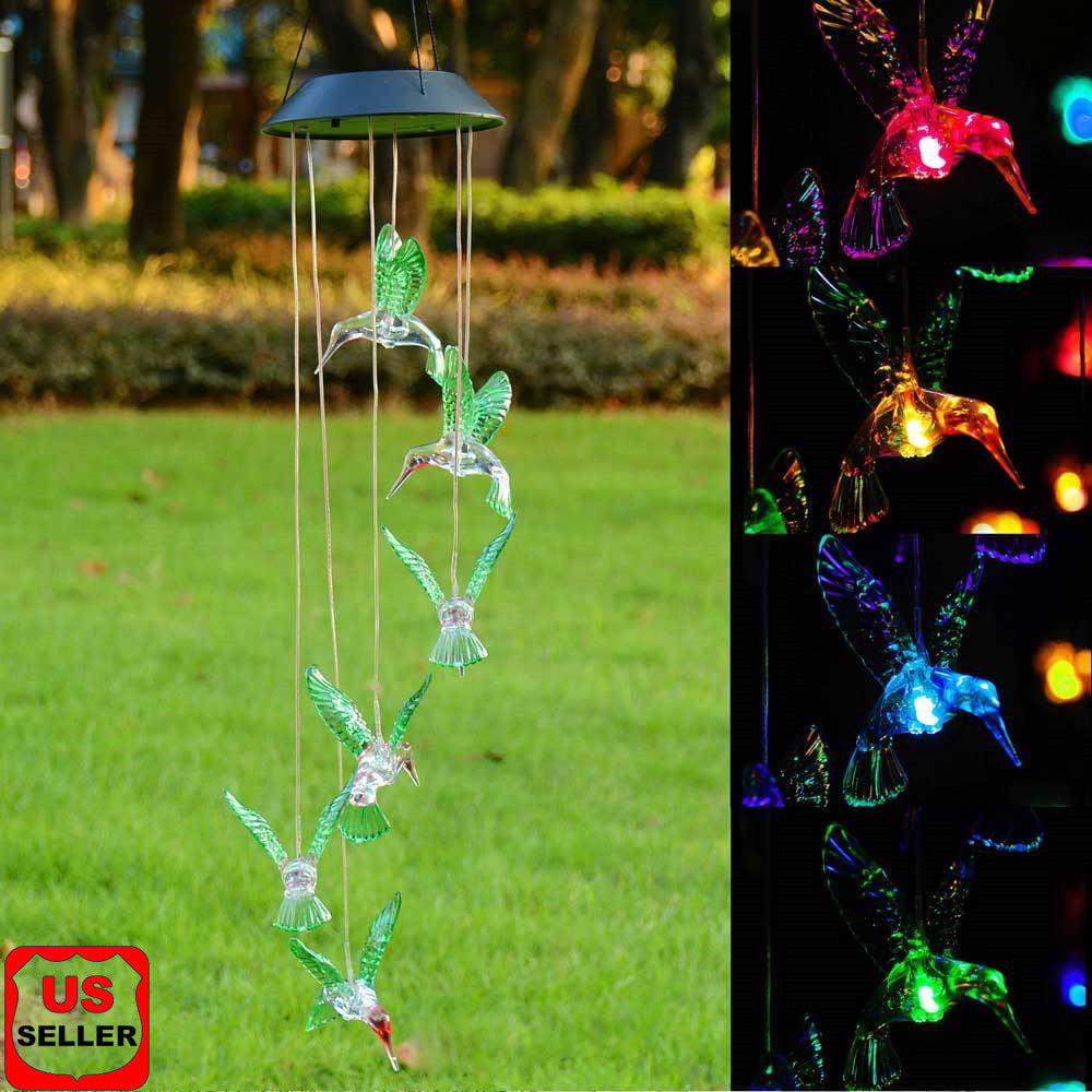 Solar Changing Color Hummingbird Wind Chime， LINKPAL Solar Powered LED Hanging Lamp Windchime Light for Outdoor Indoor Gardening Yard Pathway