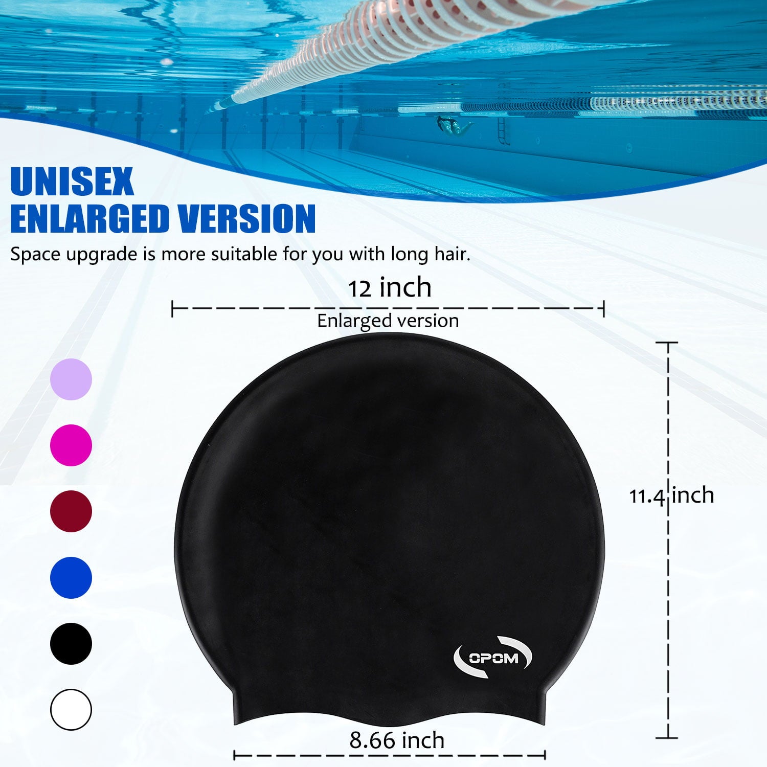 Opom Extra Large Swimming Caps,Silicone Waterproof Swimming Hat Anti-Silp Bathing Cap for Woman Men-Black