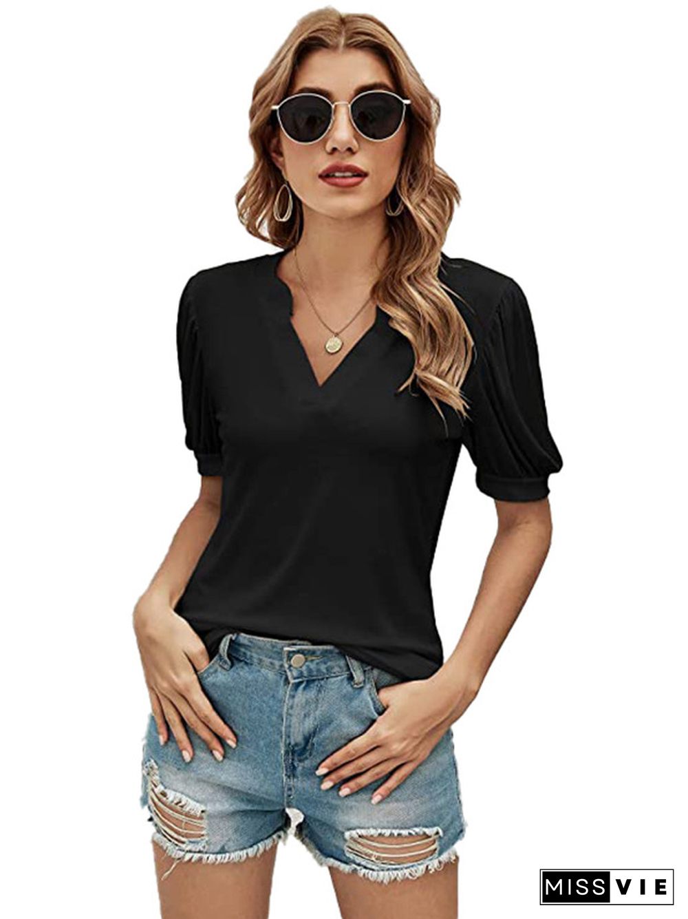 Simple Solid Color V-Neck Puff Sleeves T-Shirt Top