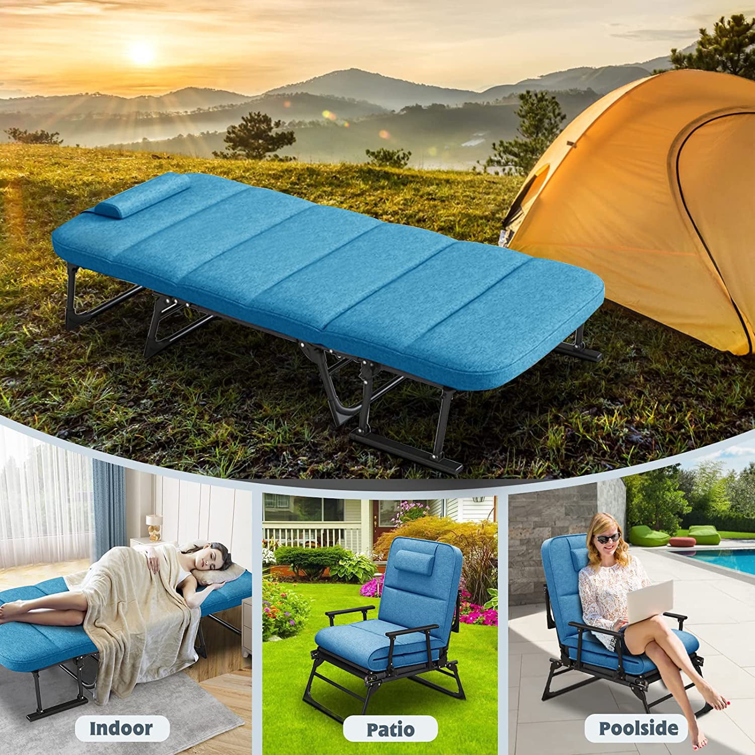 Slsy 3 in 1 Folding Camping Cot with Mattress and Pillow， Folding Cot Sleeping Cots for Adults， Adjustable 6 Position Convertible Sleeper Chair Bed