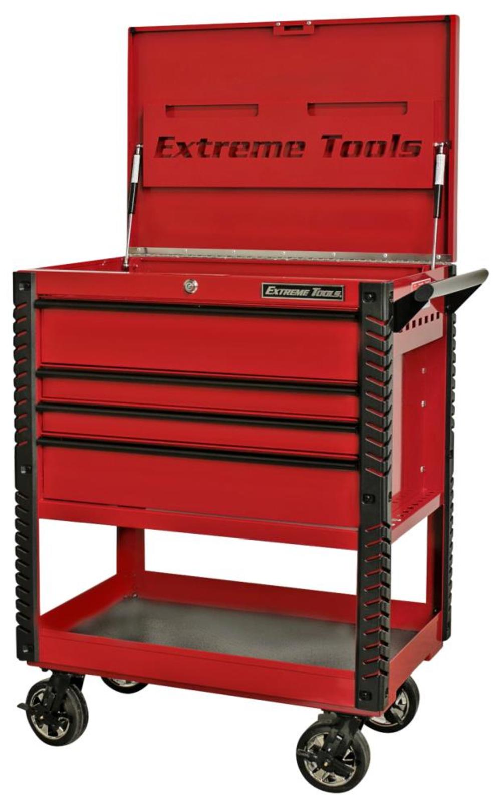 33 4 Drawer Deluxe Tool Cart with Bumpers， Red with Black Drawer Pulls