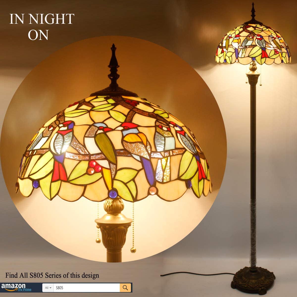 BBNBDMZ Tiffany Floor Lamp Double Birds Amber Stained Glass Standing Reading Light 16X16X64 Inches Antique Pole Corner Lamp Decor Bedroom Living Room  Office S805 Series