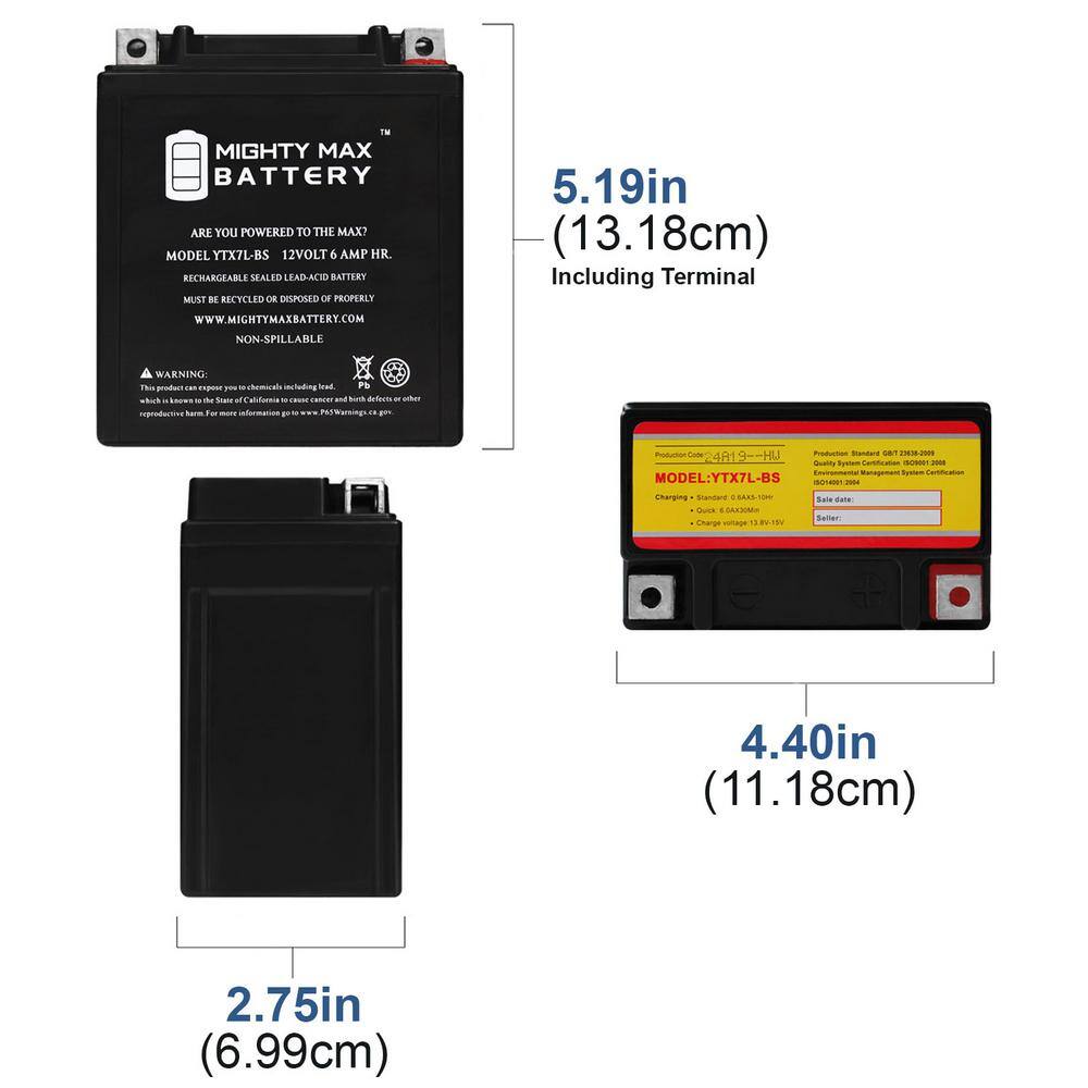 MIGHTY MAX BATTERY YTX7L-BS 12V 6Ah Battery Replacement for FTX7L-BS WP7L-BS MAX3859252