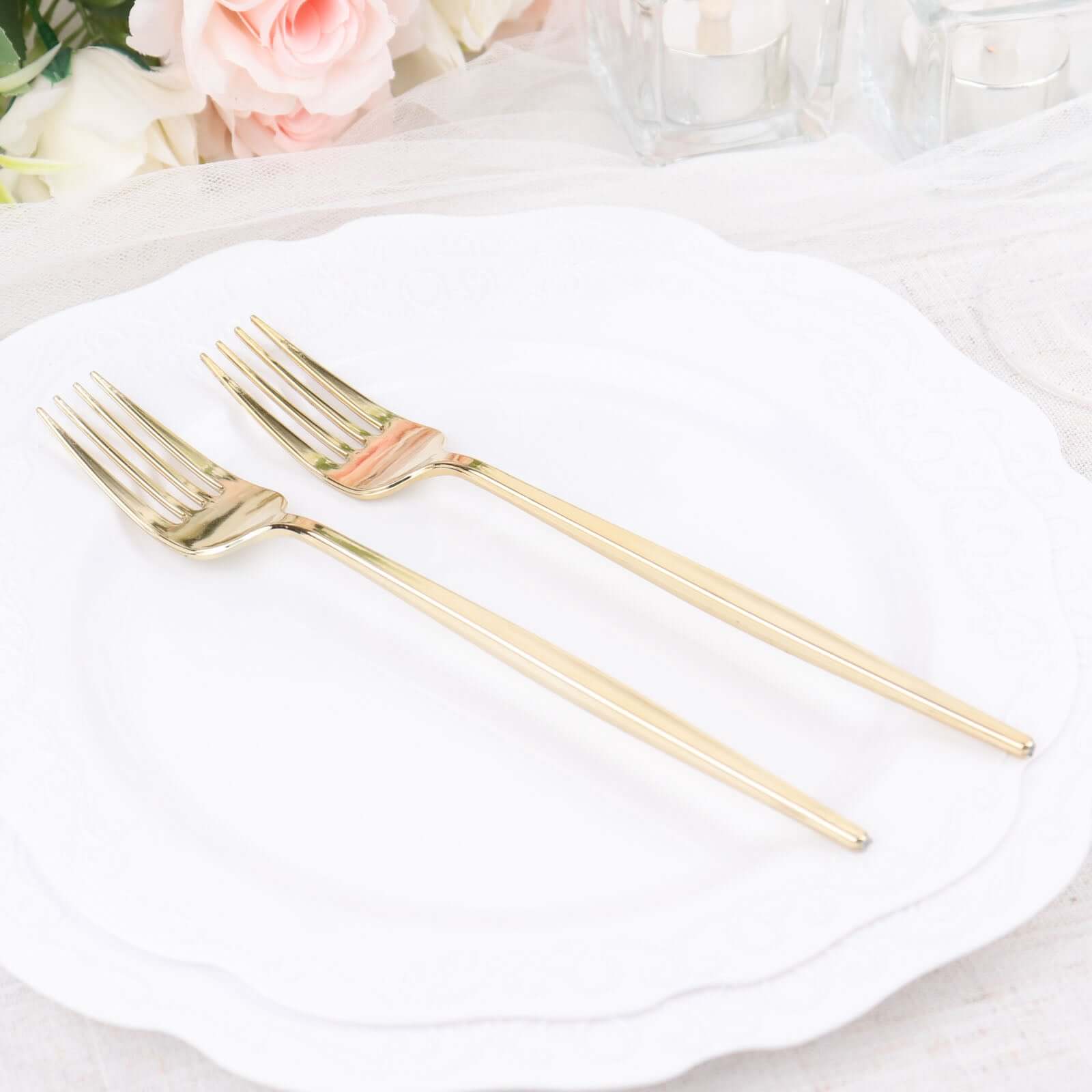 24 Pack Glossy Gold Heavy Duty Plastic Silverware Forks Cutlery, Premium Disposable Sleek Flatware 8