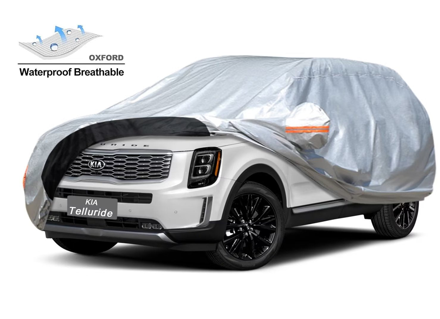 KouKou SUV Car Cover Custom Fit Kia Telluride from 2016 to 2022， Oxford Full Exterior Cover Waterproof All Weather， Silver