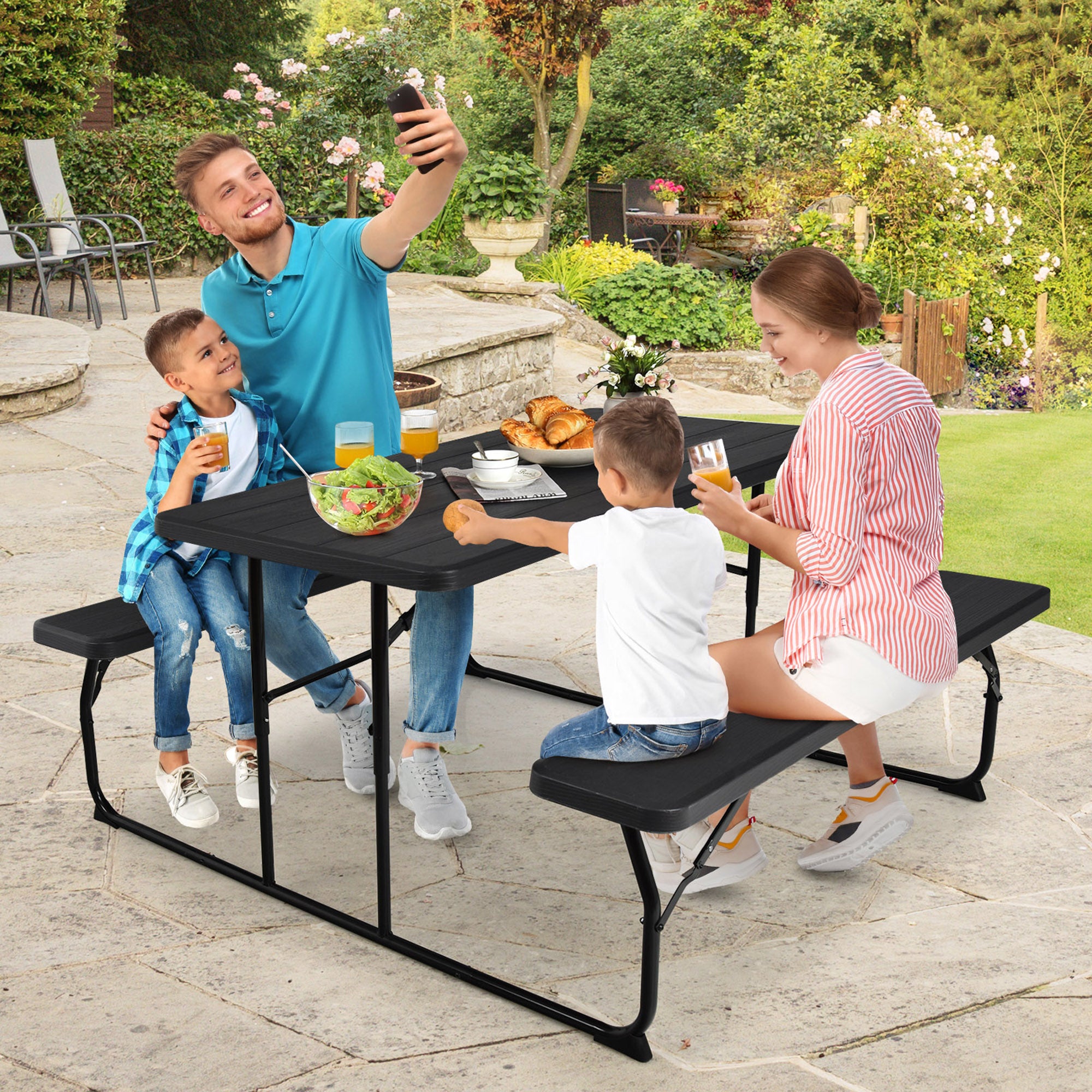 Gymax Folding Picnic Table and Bench Set for Camping BBQ w/ Steel Frame Black