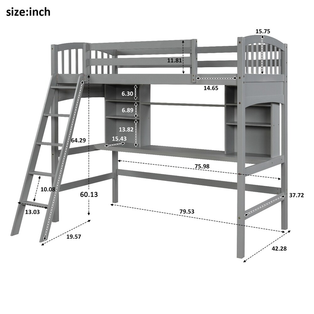 Multifunctional Design Twin size Loft Bed with Storage Shelves  Desk and Ladder