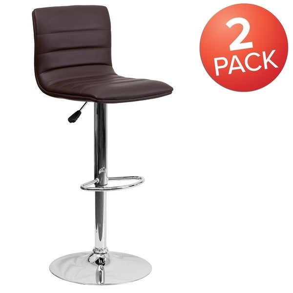 2 Pack Modern Brown Vinyl Adjustable Bar Stool with Back， Counter Height Swivel Stool with Chrome Pedestal Base