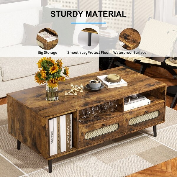 Mixoy Coffee Table，Mid Century Modern Coffee Table with 3 Open Shelves and 2 Storage Cabinets for Living Room