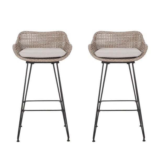 Verano Wicker and Metal Outdoor Barstools with Cushion， Set of 2， Mixed Brown and Beige