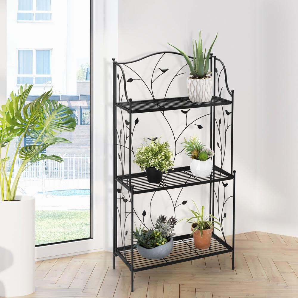 Glitzhome 44.75 in. H Black Metal Rectangular Shelf Plant Stand (3-Tiered) 2007200032