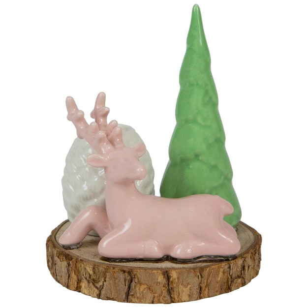 Pink Reindeer With Tree And Pine Cone Christmas Taper Candle Holder