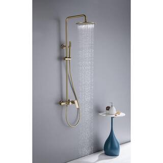 IHOMEadore 1-Spray Patterns with 1.8 GPM 10 in. Wall Mount Dual Shower Heads with Handheld Shower Head Set in Brushed Gold JK-RWST81005BG