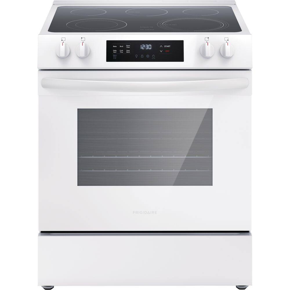 Frigidaire 30 in. 5-Element Slide-In Front Control Electric Range with Steam Clean in White FCFE3062AW