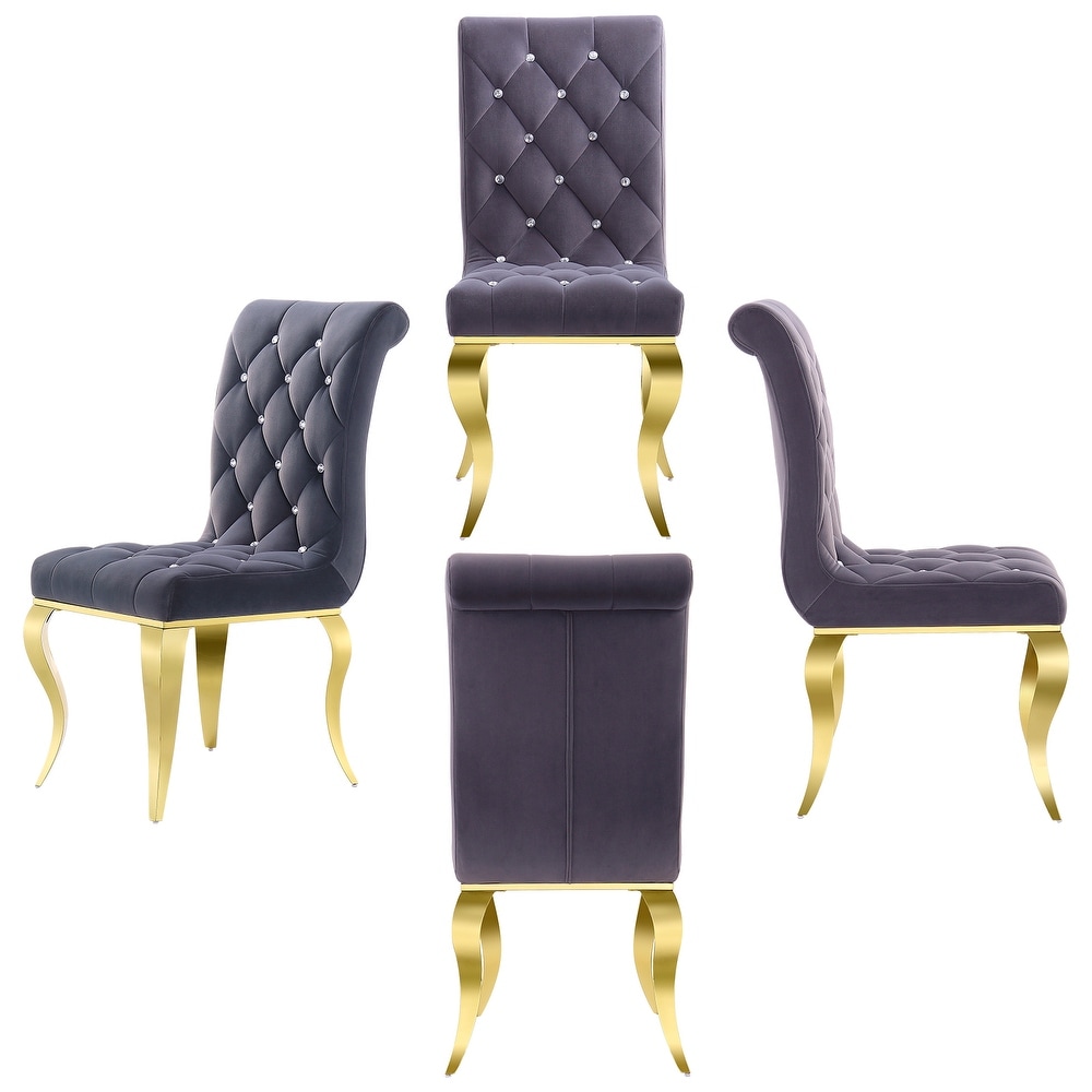 Luxury Gray Velvet Tufted Upholstered Dining Chairs with Polished Gold Cabriole Legs