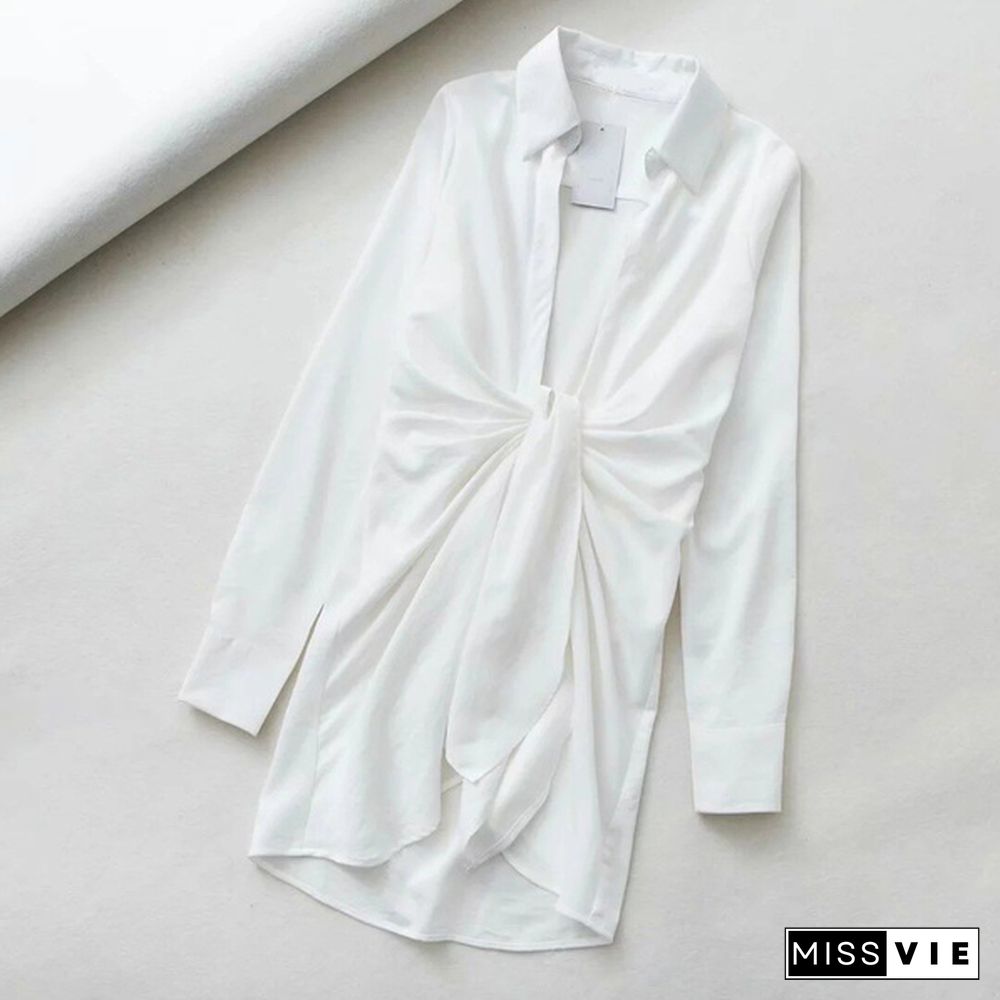 Elegant Deep V-neck White Shirt Dress Women Summer Sexy Waist Tie Mini Dresses Vocation Street Style Ruched Vestidos