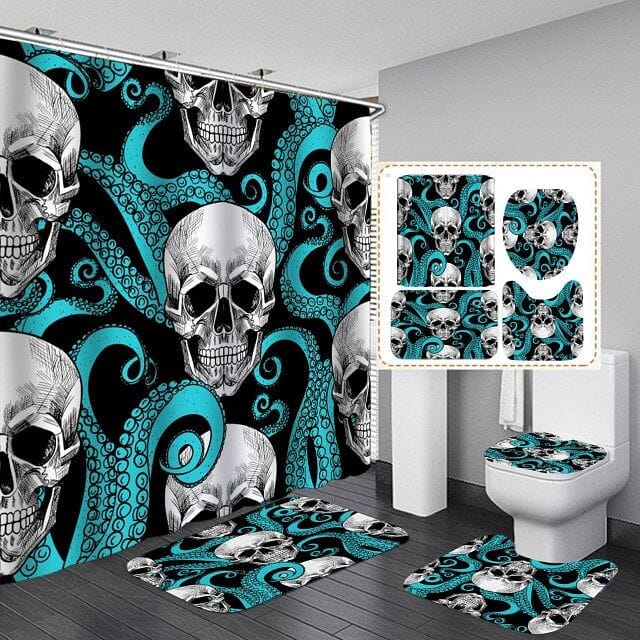 Skull Print Shower Curtain, Bath Mat, Toilet Lid Cover Or Bathroom Carpet