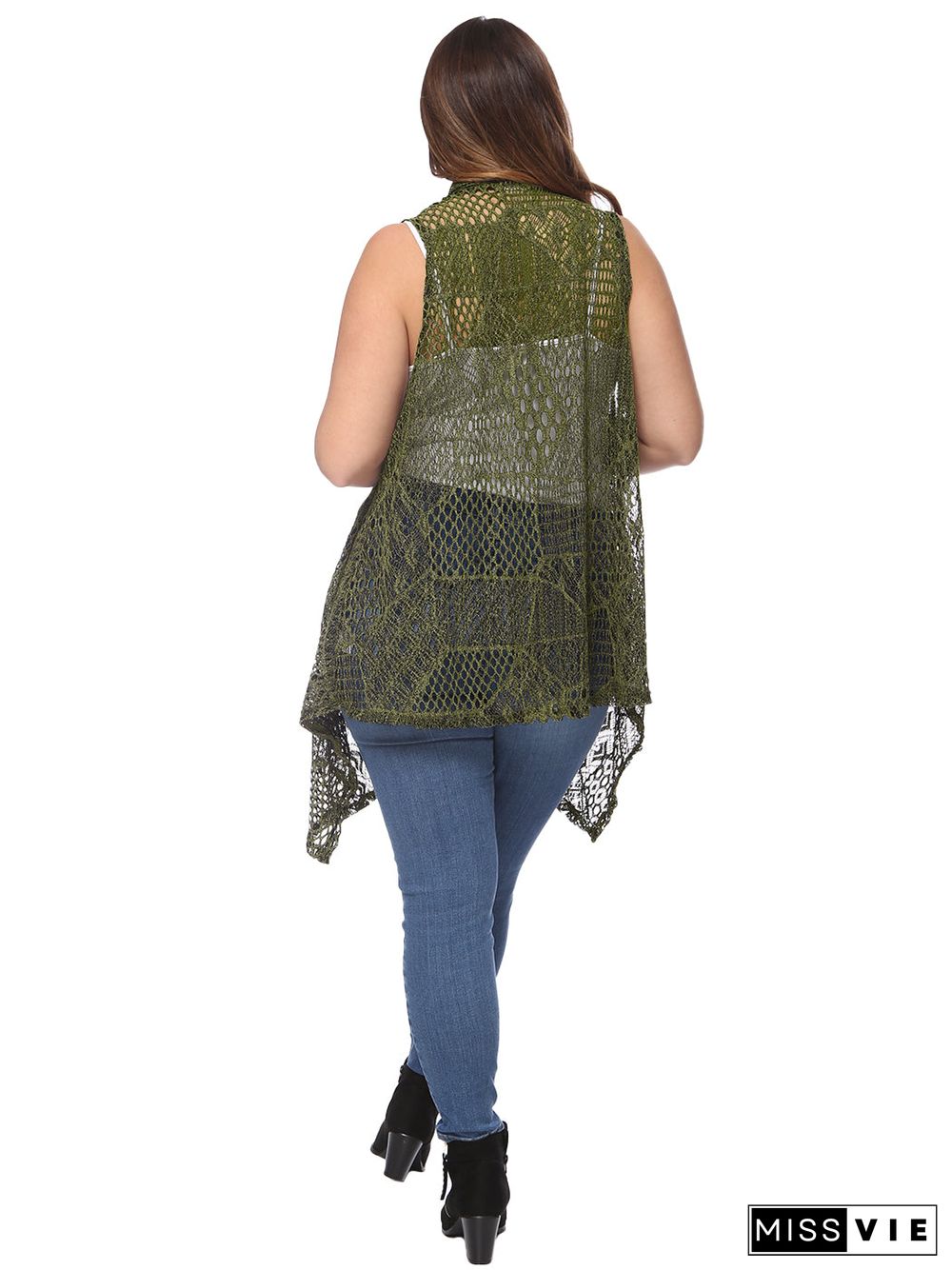 Plus Size Boho Open Front Crochet Cover Up Sleeveless Shawl Cardigan Vest, Olive Green