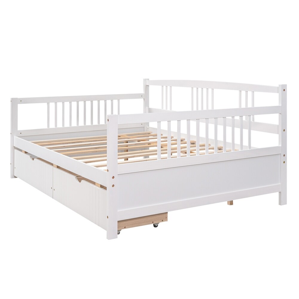 Twin Size Wood Daybed with 2 Storage Drawers and 3 Side Guardrail  Wood Kid's Bed with Wood Slats for Bedroom