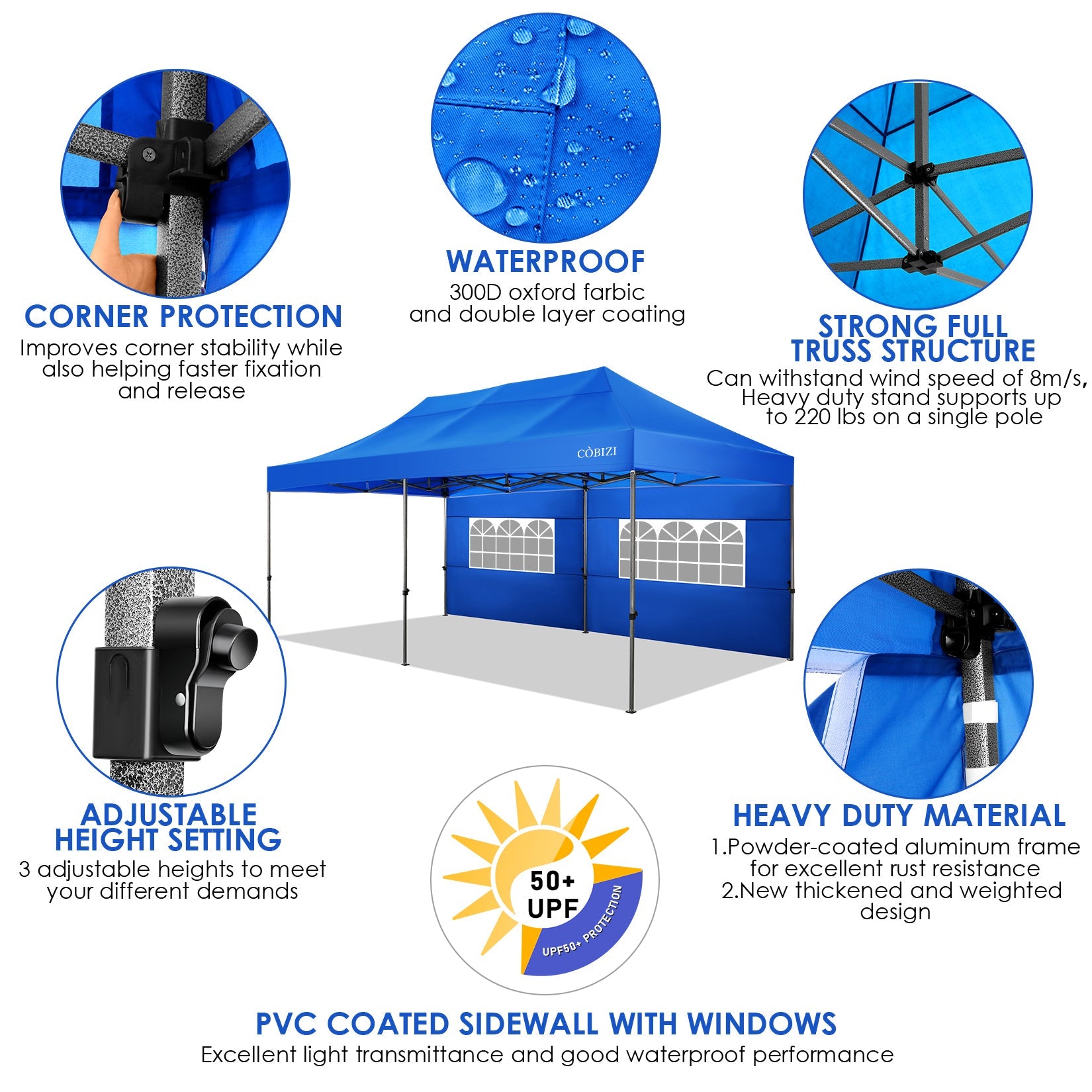 10'x20' Canopy EZ Pop Up Canopy Anti-UV Waterproof Outdoor Tent Portable Party Commercial Instant Canopy Shelter Height Adjustable Tent Gazebo with 6 Removable Sidewalls, 6 Sandbags, Roller Bag, Blue