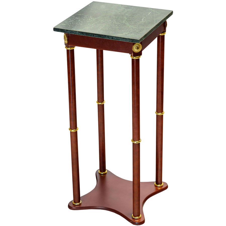 Legacy Decor 28 Inch Cherry Wood Square Plant Stand, Telephone Stand, Vase Stand with Square Green Marble Top