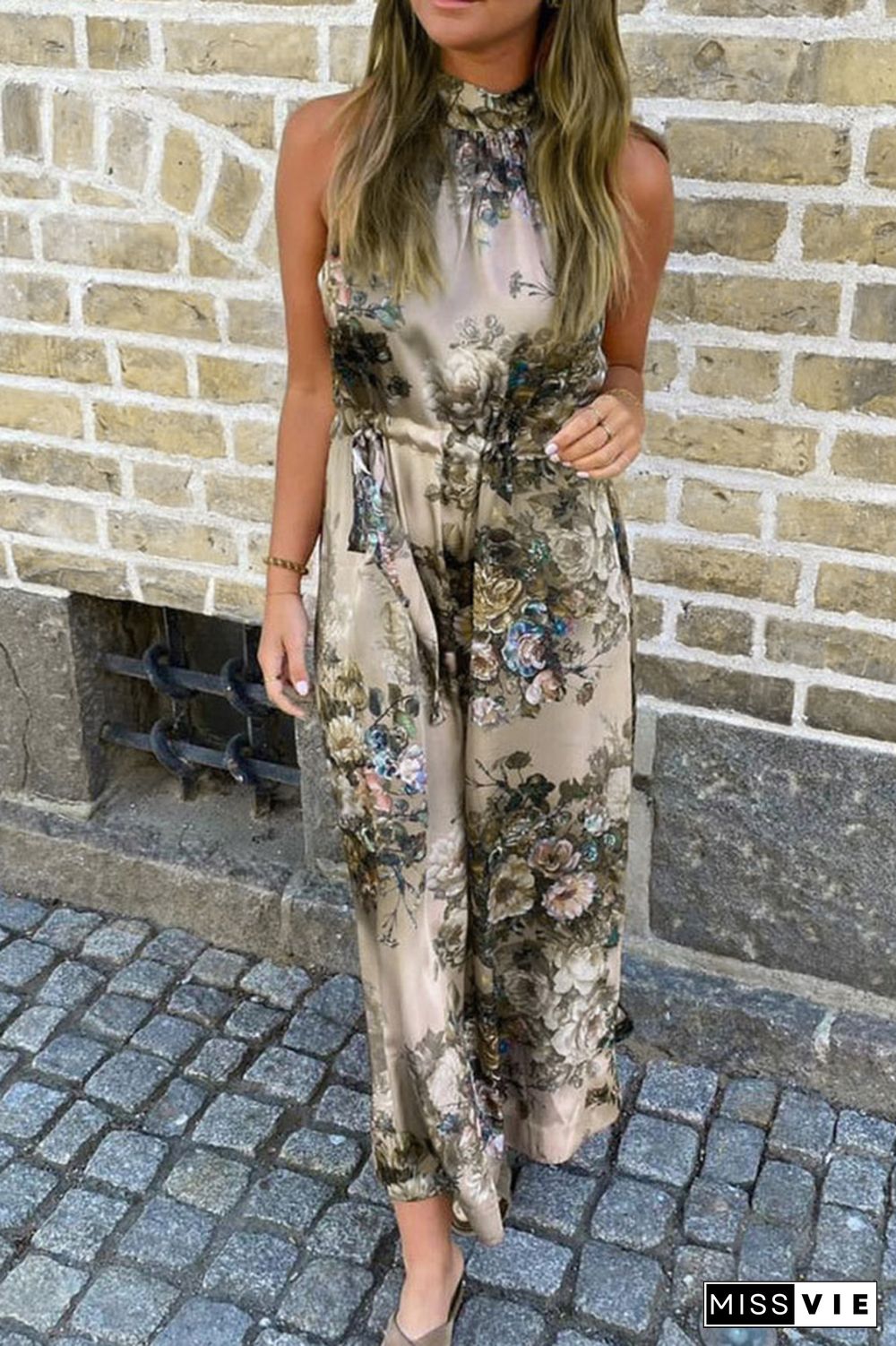 Sleeveless Tie Dye Halter Neck Floral Maxi Dress