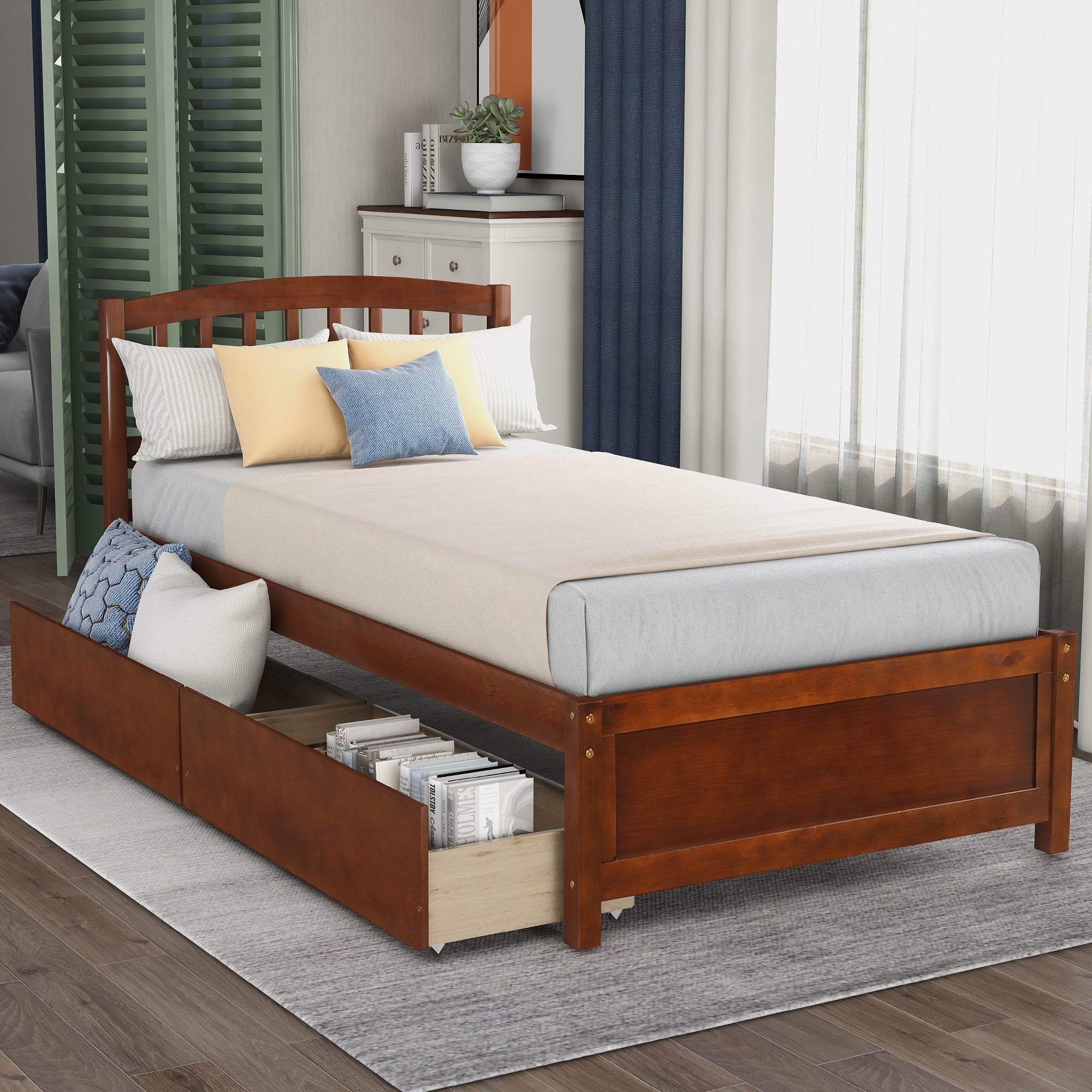 Twin Platform Bed Frame with Storage Drawers, Kids Twin Size Bed Frame No Box Spring Needed, Solid Wood Platform Beds with Headboard and Two Drawers, Modern Single Bed Bedroom Furniture, Walnut, J1169