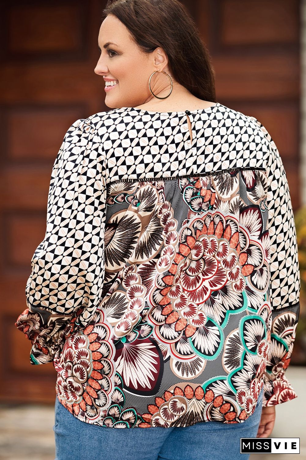 Black Plus Size Mixed Print Long Sleeve Blouse