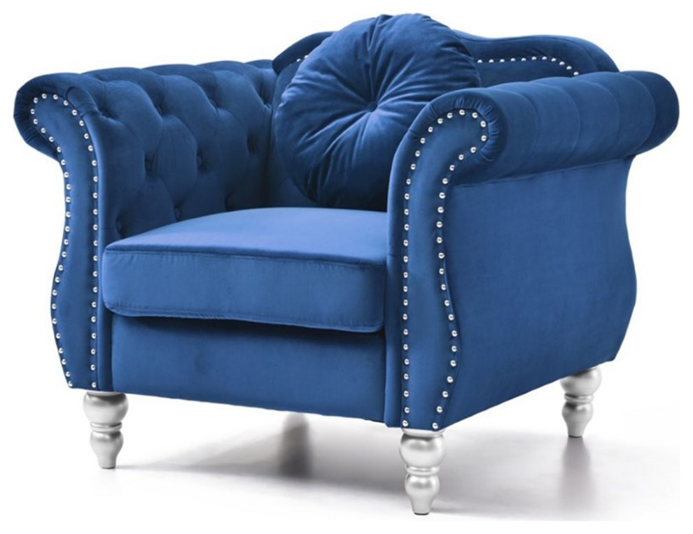 Maklaine Transitional Tufted Velvet Chair in Navy Blue Finish   Eclectic   Armchairs And Accent Chairs   by Homesquare  Houzz