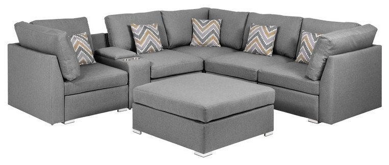 Amira Gray Fabric Reversible Sectional Sofa With Usb Console and Ottoman   Contemporary   Sectional Sofas   by Timeout PRO  Houzz