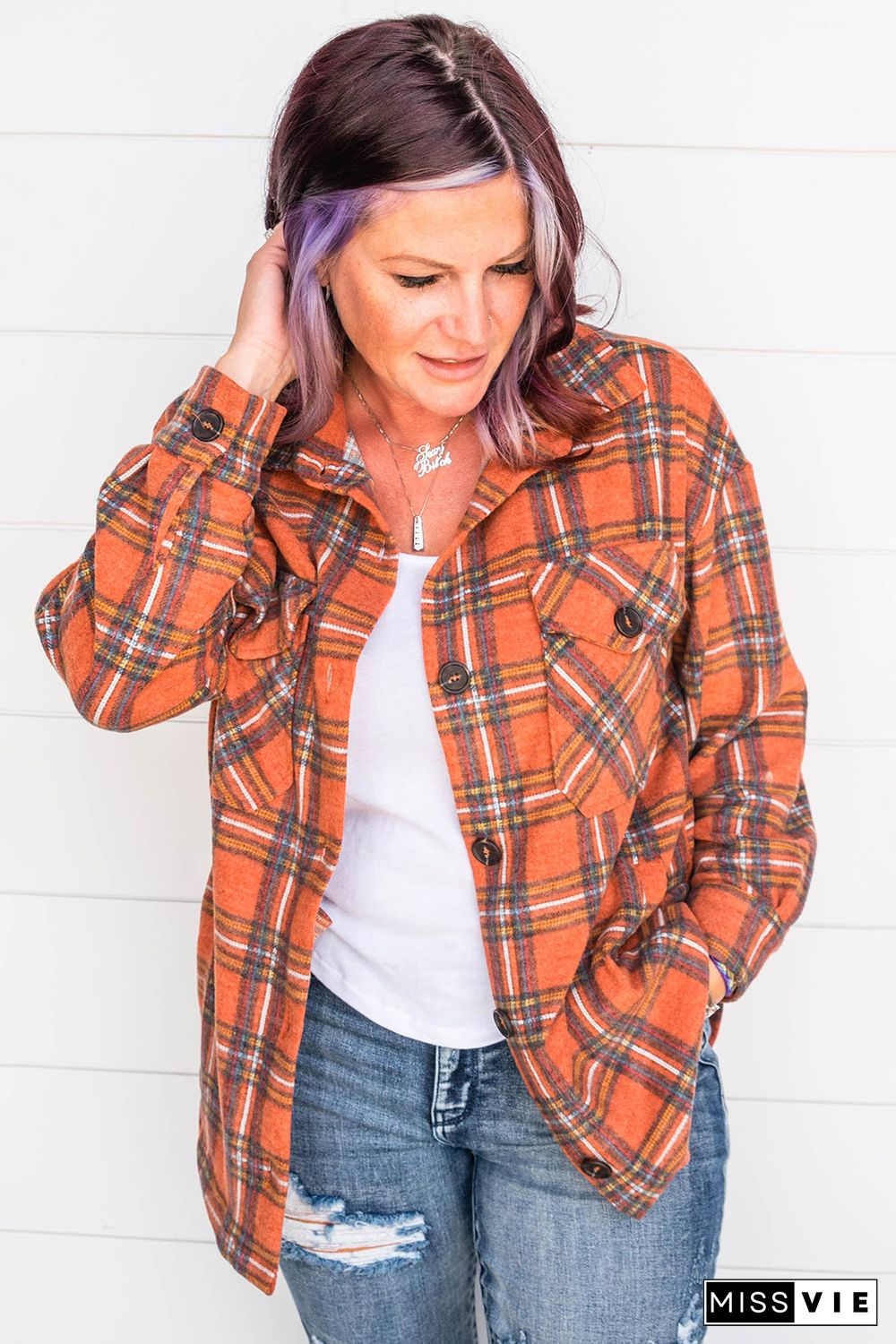 Orange Plus Size Plaid Pocketed Long Sleeve Shirt