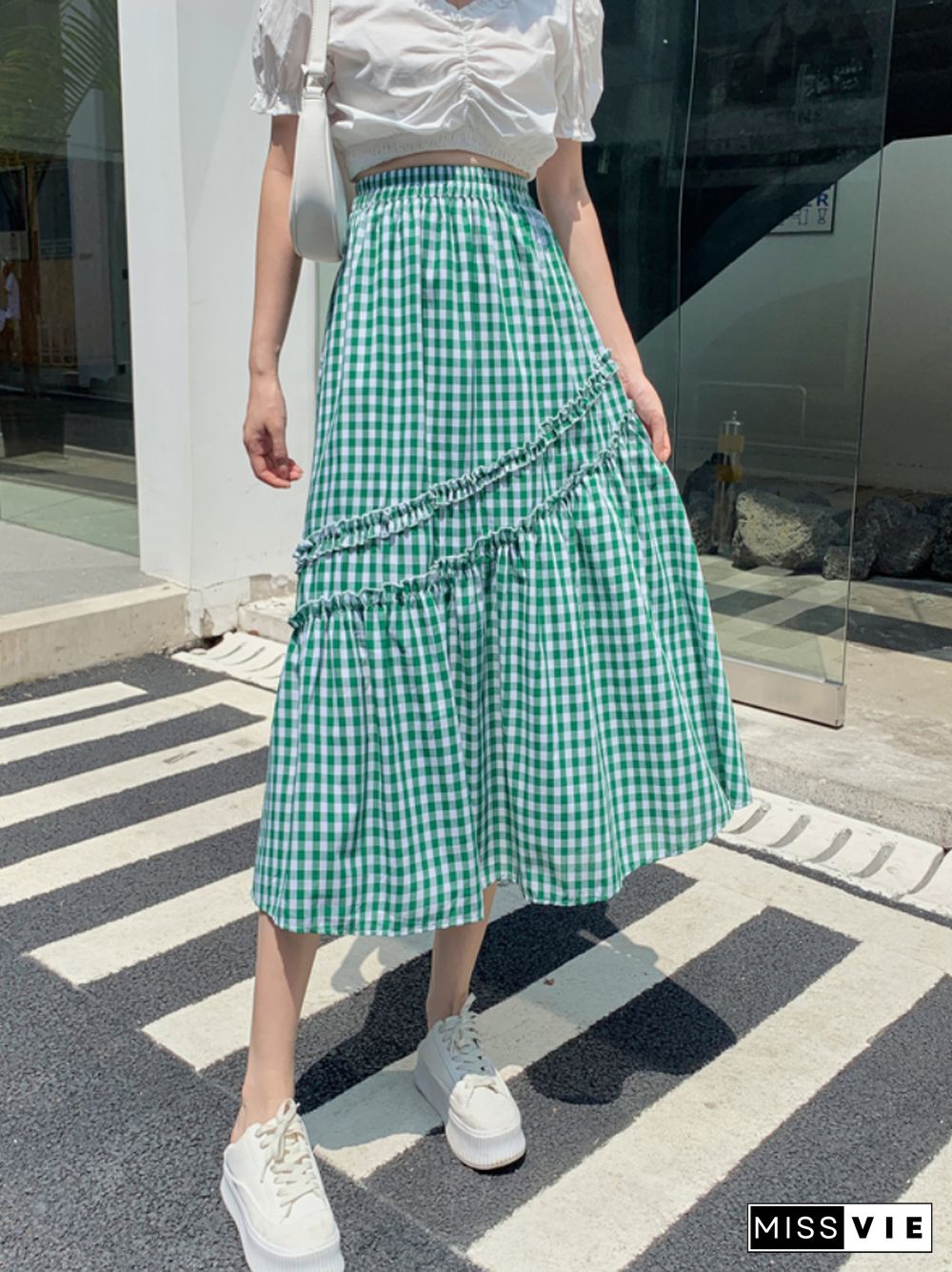 Cotton Linen Plaid Skirt Women Summer Korean Fashion High Waist Mid-length Skrits Female Retro A-line Faldas Mujer